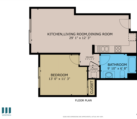 Floor plan for 1 bed, 1 bath, 640 sqft